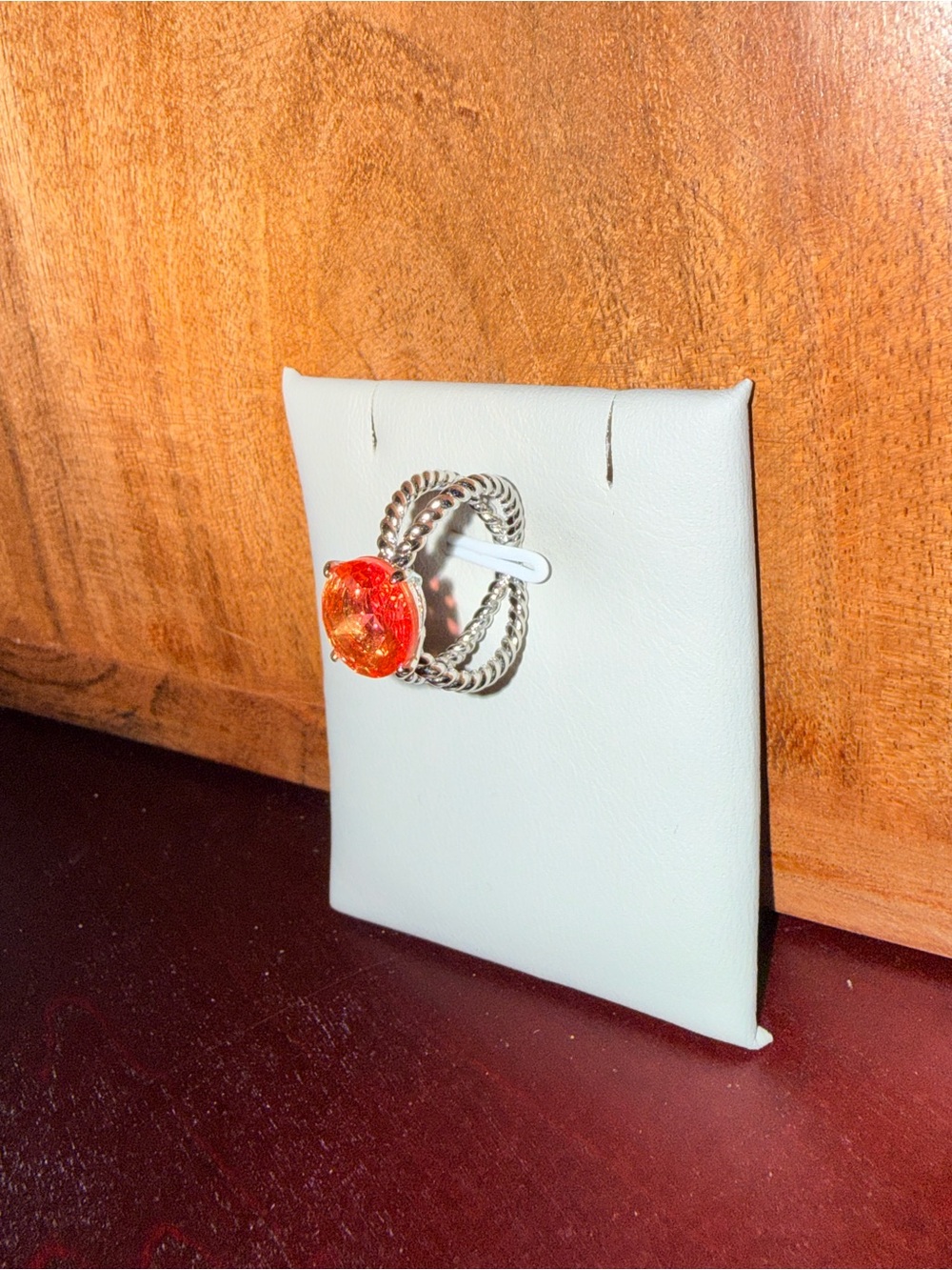 Silver Rope Band Ring with Orange Red Glass Cabochon